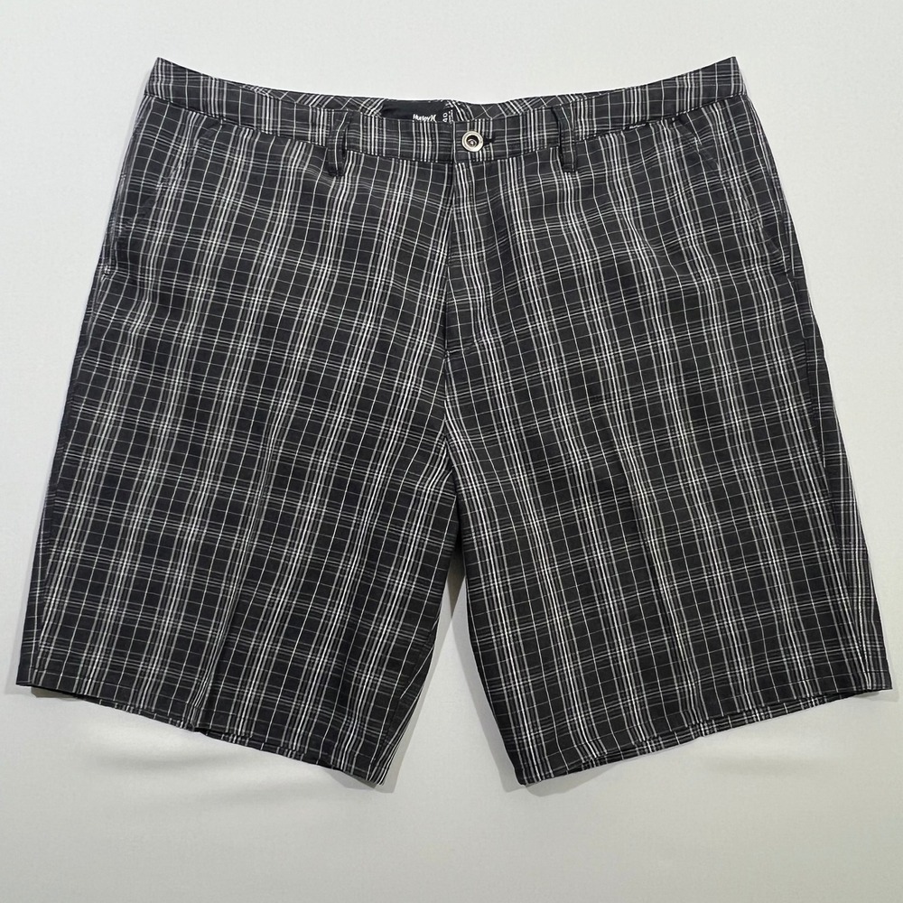 Hurley Mens Plaid Shorts 40 Black Gray Chino Walkshorts Skater Grunge Y2K Goth